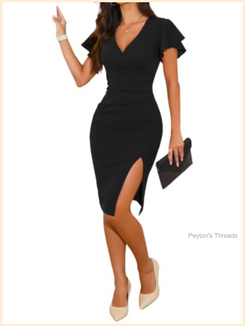 V Neck Wrap Ruffle Sleeve Bodycon Slit Cocktail Dress Knee Length